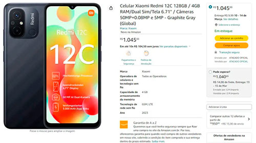 Страница Redmi 12C на бразильской площадке Amazon